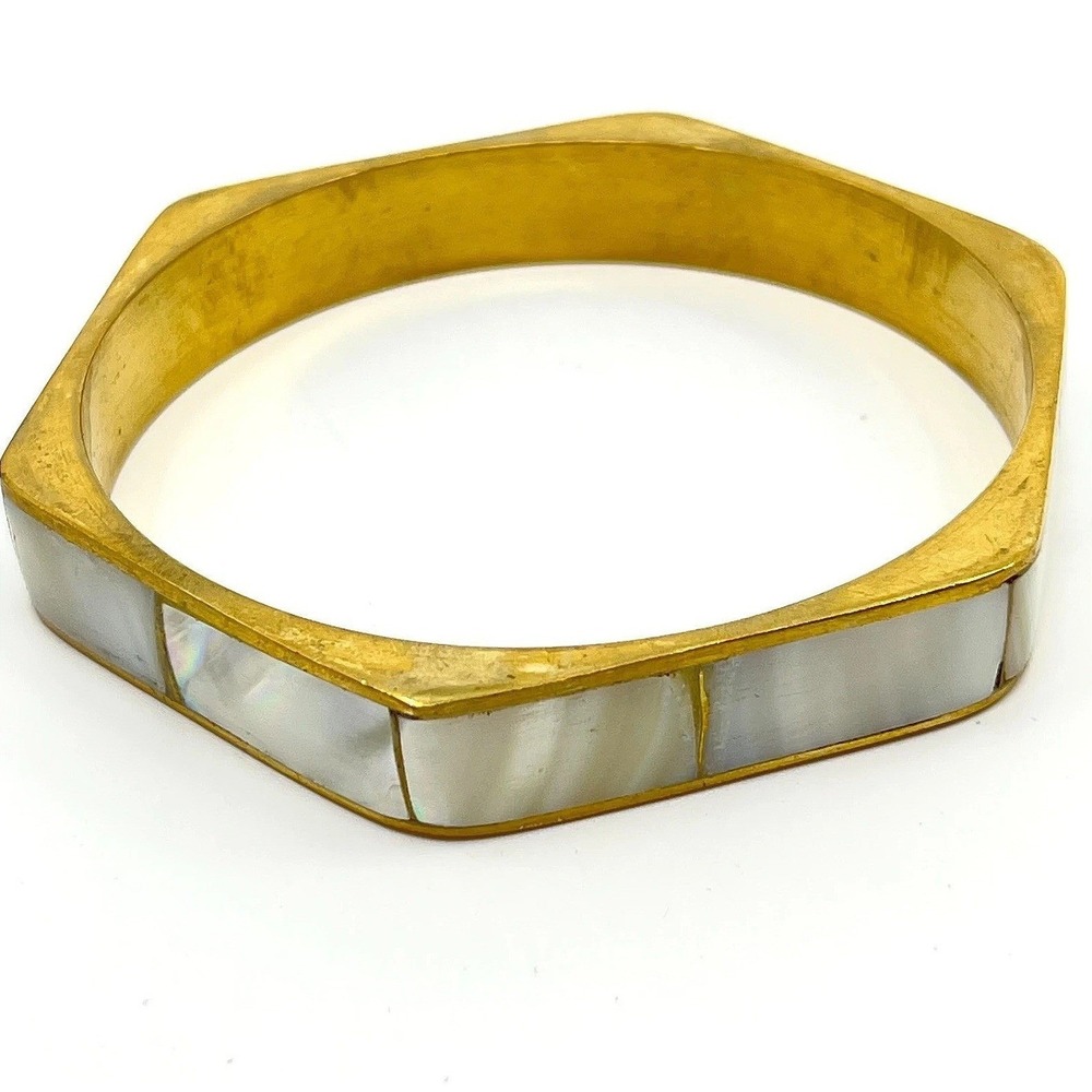 Vintage Hexagon Bangle Bracelet Gold Tone MOP Mother of‎ Pearl Inlay Retro Boho